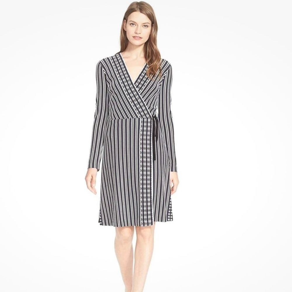 NEW Tory Burch Navy Oxford Stripe Long-Sleeve Jacquard Wrap Dress Size XS